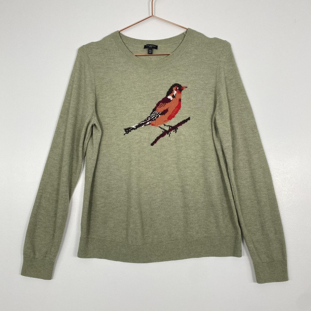 Talbots Sweater Womens XLP Petite Green Bird Graphic Crewneck Wool Knit Pullover